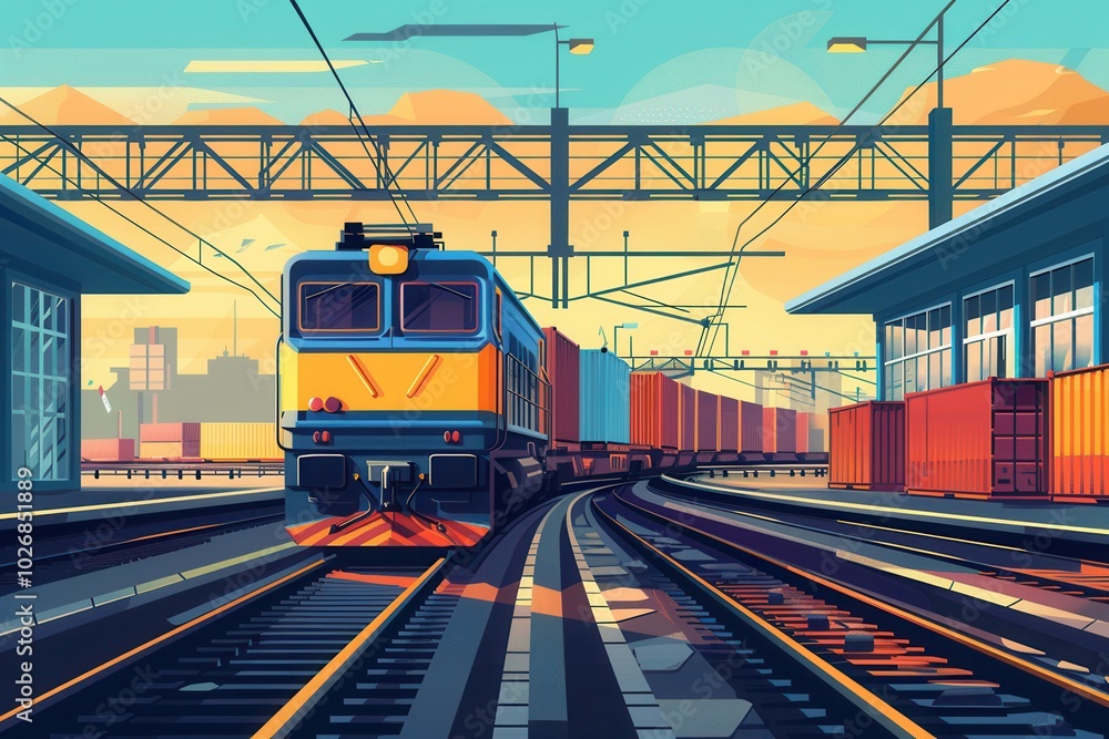 A freight train is being loaded with colorful containers at a busy railway station as the sun sets in the background. Generative AI A freight train is being loaded with colorful containers at a busy railway station as the sun sets in the background. Generative AI