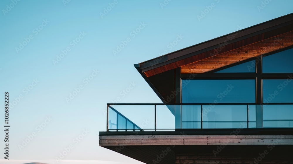 Fototapeta premium Modern House Balcony With Glass Railing Against Blue Sky