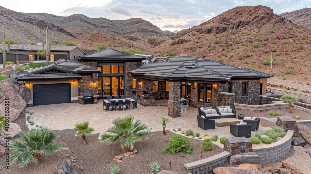Modern desert home with patio and landscaping