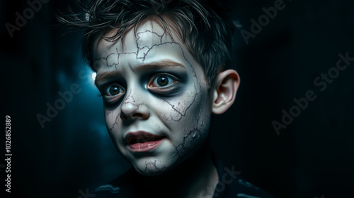 Portrait of a child with cracked zombie face paint for Halloween