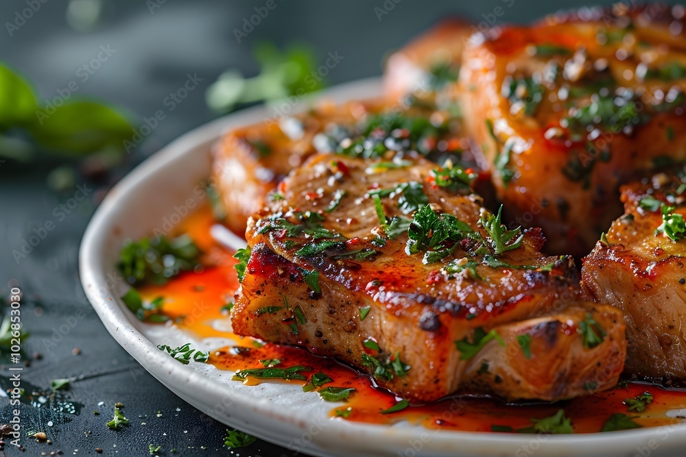 Deliciously grilled pork chops garnished with fresh herbs and spicy sauce. Deliciously grilled pork chops garnished with fresh herbs and spicy sauce.