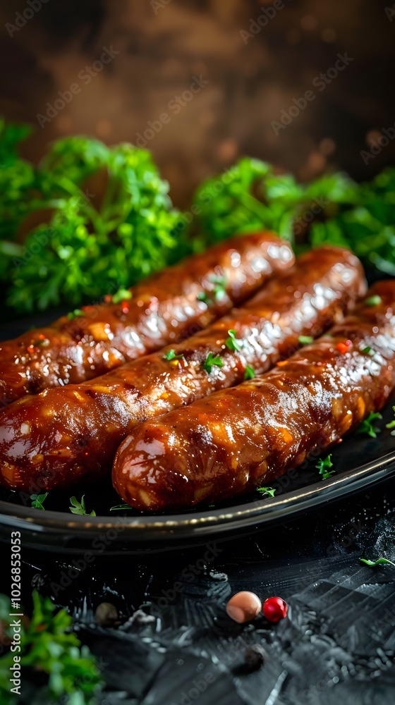 Delicious grilled sausages with rich glaze, garnished with fresh herbs. Delicious grilled sausages with rich glaze, garnished with fresh herbs.