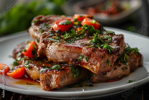 Delicious grilled lamb chops garnished with tomatoes and herbs.