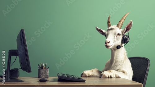 Goat at Desk with Headset and Computer Setup