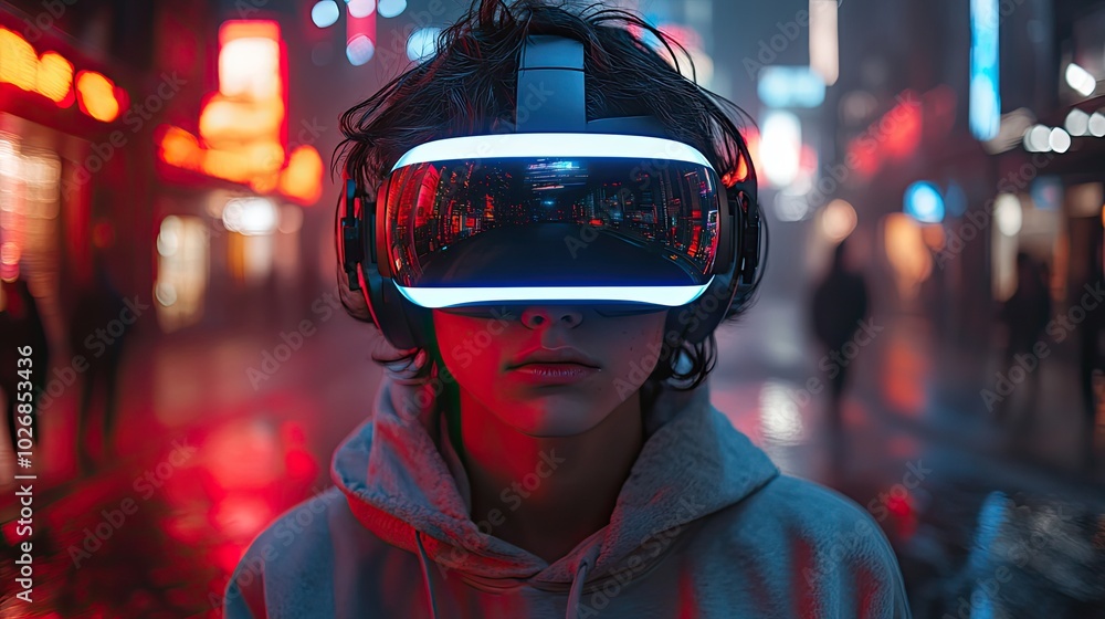 A teenager with a VR headset explores a cyberpunk city street, experiencing the futuristic possibilities of the metaverse and digital gaming. A teenager with a VR headset explores a cyberpunk city street, experiencing the futuristic possibilities of the metaverse and digital gaming.