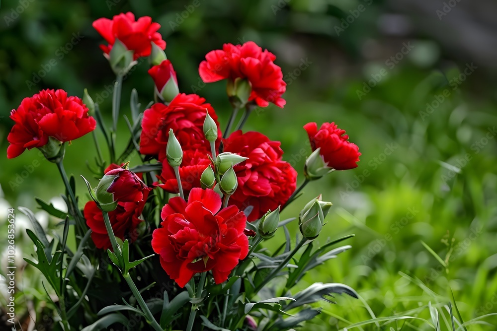 Vibrant red carnation flowers in full bloom amidst lush green foliage. Vibrant red carnation flowers in full bloom amidst lush green foliage.