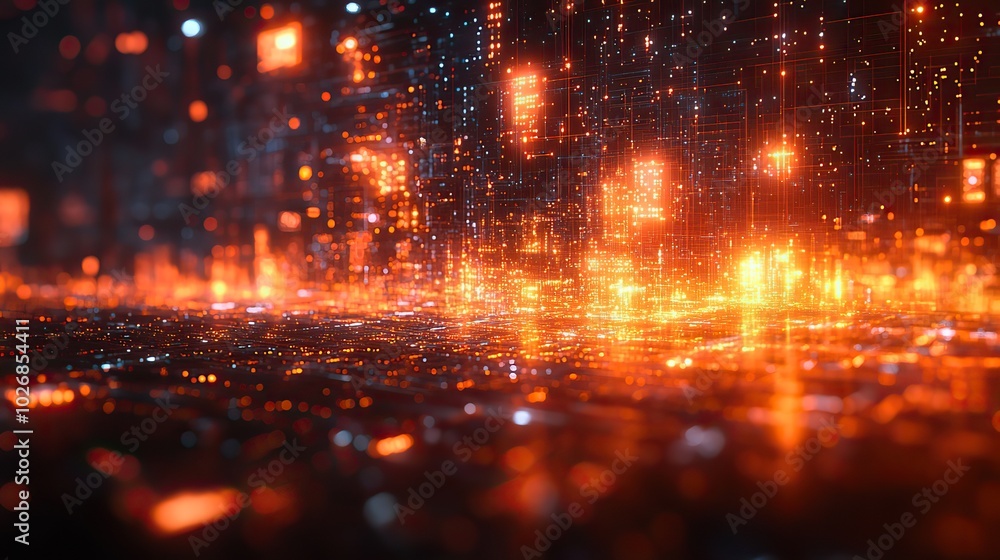 Fototapeta premium A vibrant abstract orange background with futuristic elements serves as a dynamic digital design for innovative technology projects.