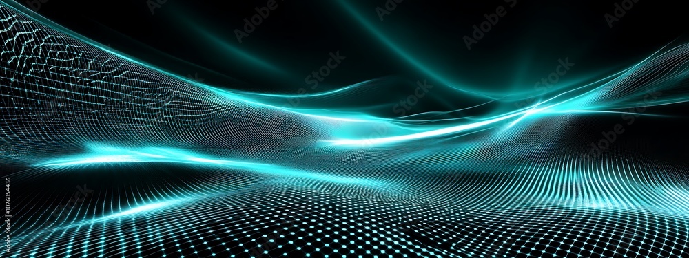 Abstract background with blue glowing waves and a dotted grid. Abstract background with blue glowing waves and a dotted grid.