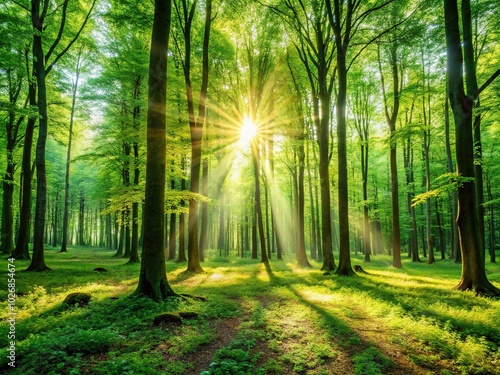 Serene Forest Scene with Sunlight Filtering Through Lush Green Foliage for Tranquil Nature Photography