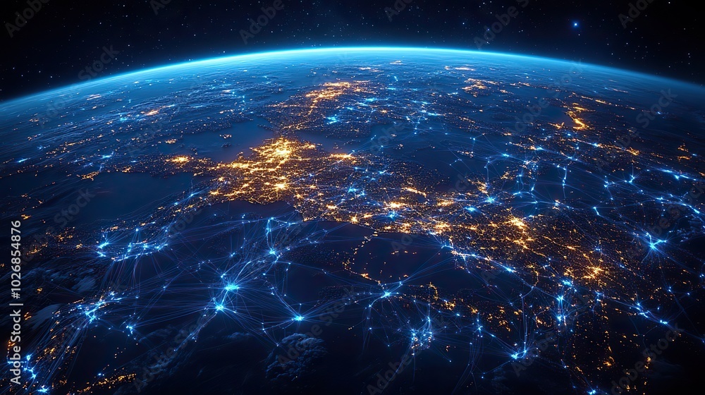 A view of the United Kingdom from space shows blue digital networks, representing international communication and technology connections. A view of the United Kingdom from space shows blue digital networks, representing international communication and technology connections.