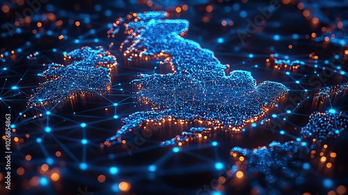 A view of the United Kingdom from space shows blue digital networks, representing international communication and technology connections.