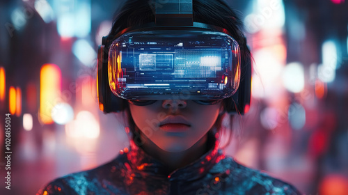 A person wearing a futuristic VR headset in a neon-lit urban environment, exploring immersive digital experiences.