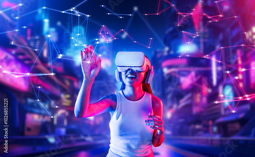 Female standing in cyberpunk style building in meta wear VR headset connecting metaverse, future cyberspace community technology, Woman trying touching virtual reality object with hand. Hallucination.