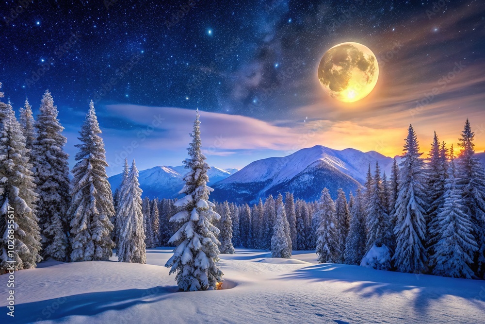 Stunning Snowy Landscape Under a Full Moon - Scenic Winter Night Photography Stunning Snowy Landscape Under a Full Moon - Scenic Winter Night Photography