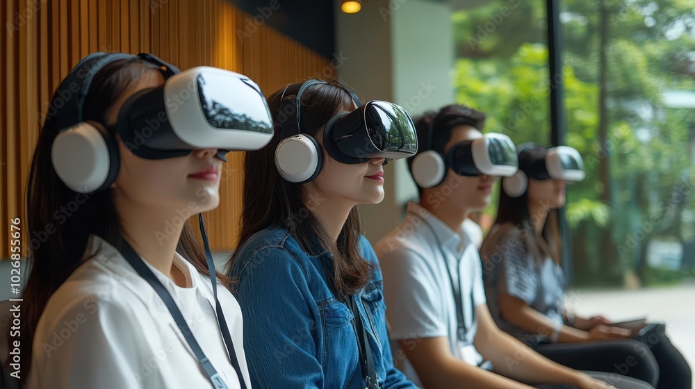 Group of people engaged in virtual reality experience using headsets in modern indoor environment, showcasing technology and innovation. Group of people engaged in virtual reality experience using headsets in modern indoor environment, showcasing technology and innovation.