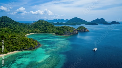 Aerial view of a picturesque tropical landscape featuring lush islands and clear blue waters.