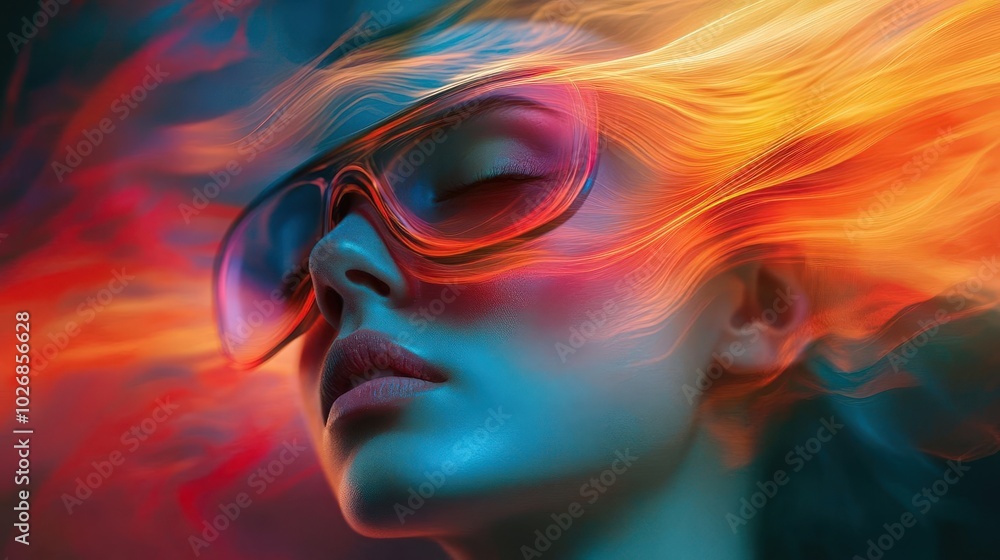A vibrant portrait capturing the essence of freedom, with colorful waves of hair and stylish sunglasses creating a dynamic visual. A vibrant portrait capturing the essence of freedom, with colorful waves of hair and stylish sunglasses creating a dynamic visual.