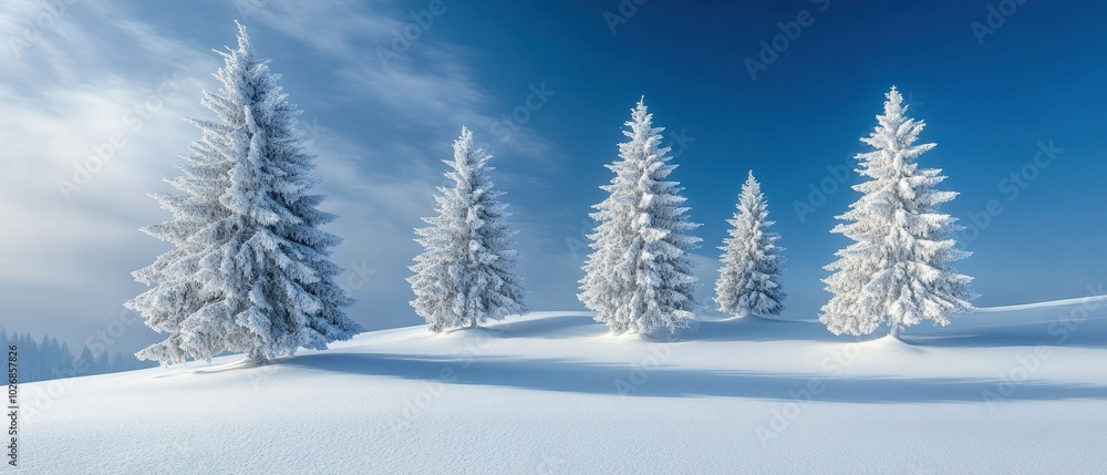 Snow-covered trees against a clear blue sky create a serene winter landscape. Snow-covered trees against a clear blue sky create a serene winter landscape.