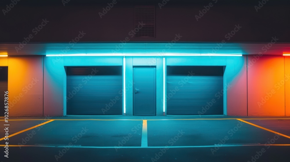 Neon-lit Garage Entrance with Yellow Lines