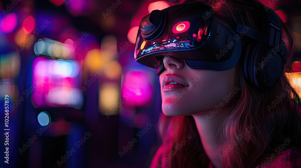 A woman enjoys VR gaming in an indoor arcade, capturing the immersive fun of virtual experiences. A woman enjoys VR gaming in an indoor arcade, capturing the immersive fun of virtual experiences.