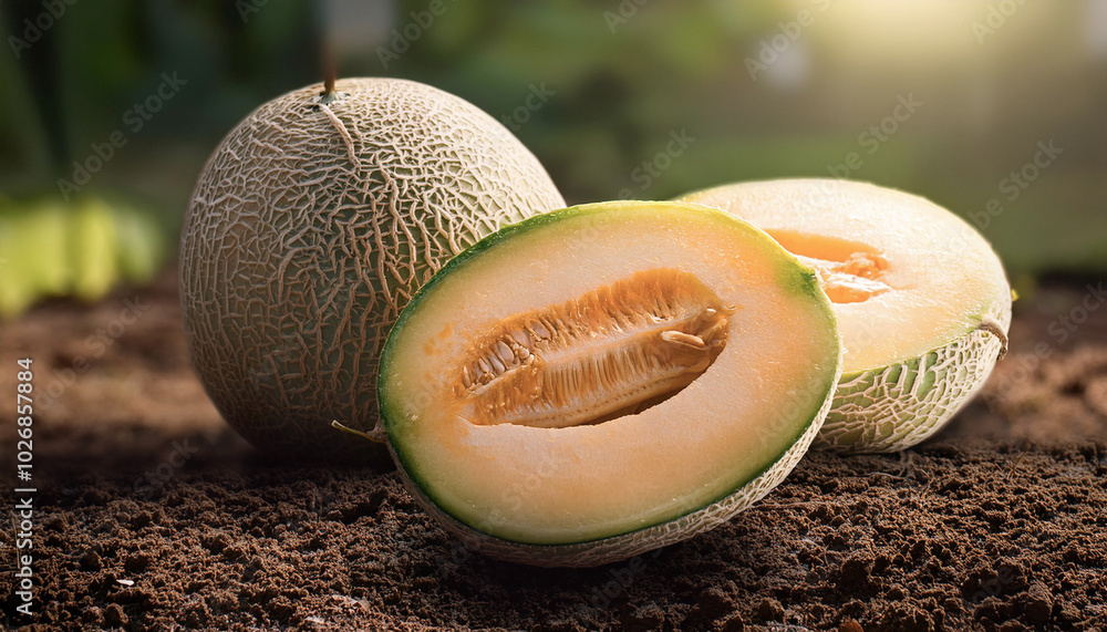 The cantaloupe is ripe and yellow in the garden.