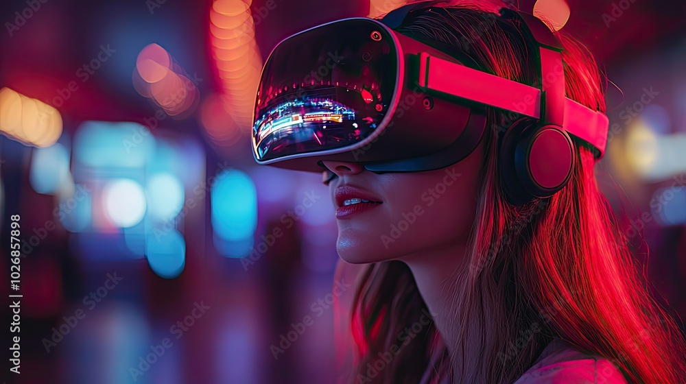 A woman enjoys VR gaming in an indoor arcade, capturing the immersive fun of virtual experiences. A woman enjoys VR gaming in an indoor arcade, capturing the immersive fun of virtual experiences.