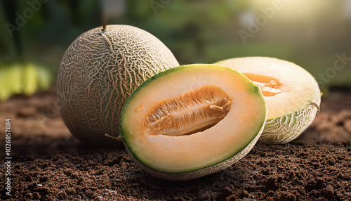 Obraz na płótnie The cantaloupe is ripe and yellow in the garden. w salonie