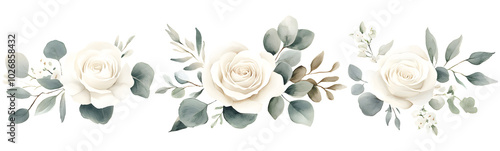 Abstract white flower with green leaf clipart isolated on transparent background, PNG