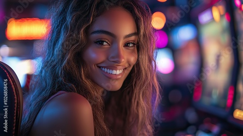 A woman smiling while playing video games in a vibrant, illuminated gaming center.