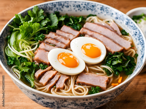 A close-up shot of a bowl of Japanese noodle soup with pork, egg, and greens.