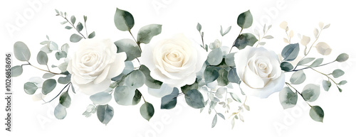 Abstract white flower with green leaf clipart isolated on transparent background, PNG