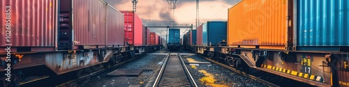 A freight train is being loaded with vibrant containers at a busy railway station as the day transitions to evening. Generative AI