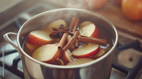 A pot of homemade hot apple cider simmering on the stove, filled with slices of apples, cinnamon sticks, and cloves. The kitchen is warm and inviting, filled with the comforting scents of fall