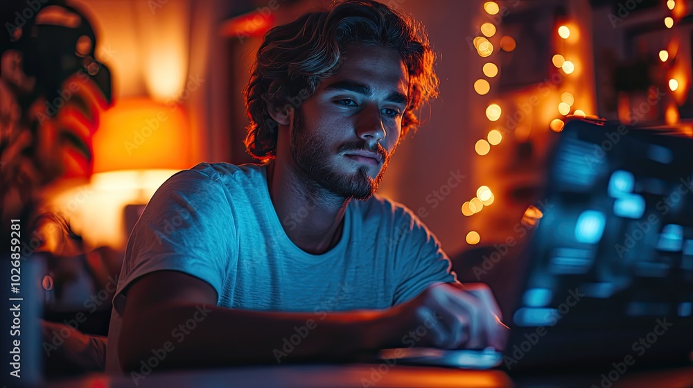 A young man works on a startup late at night, reflecting the dedication and hustle of modern entrepreneurship. A young man works on a startup late at night, reflecting the dedication and hustle of modern entrepreneurship.