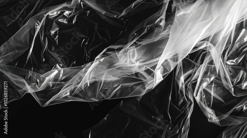 Crumpled clear plastic bag. plastic wrap on black background