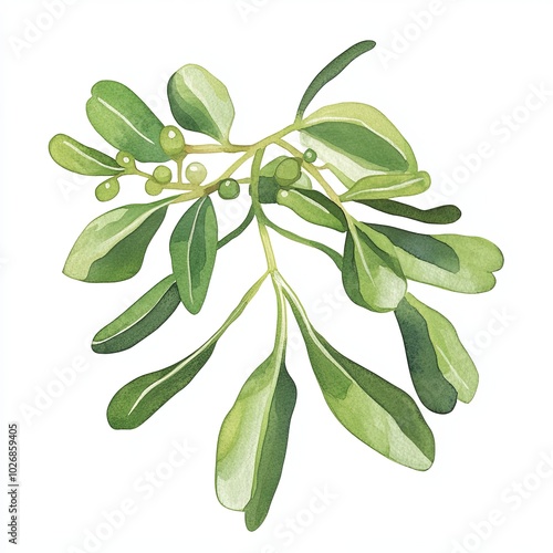 Watercolor illustration of mistletoe branch with berries