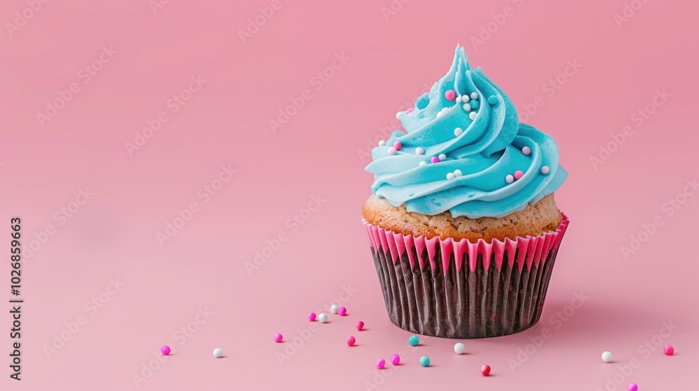 Blue Icing Cupcake with Sprinkles on a Pink Background Blue Icing Cupcake with Sprinkles on a Pink Background