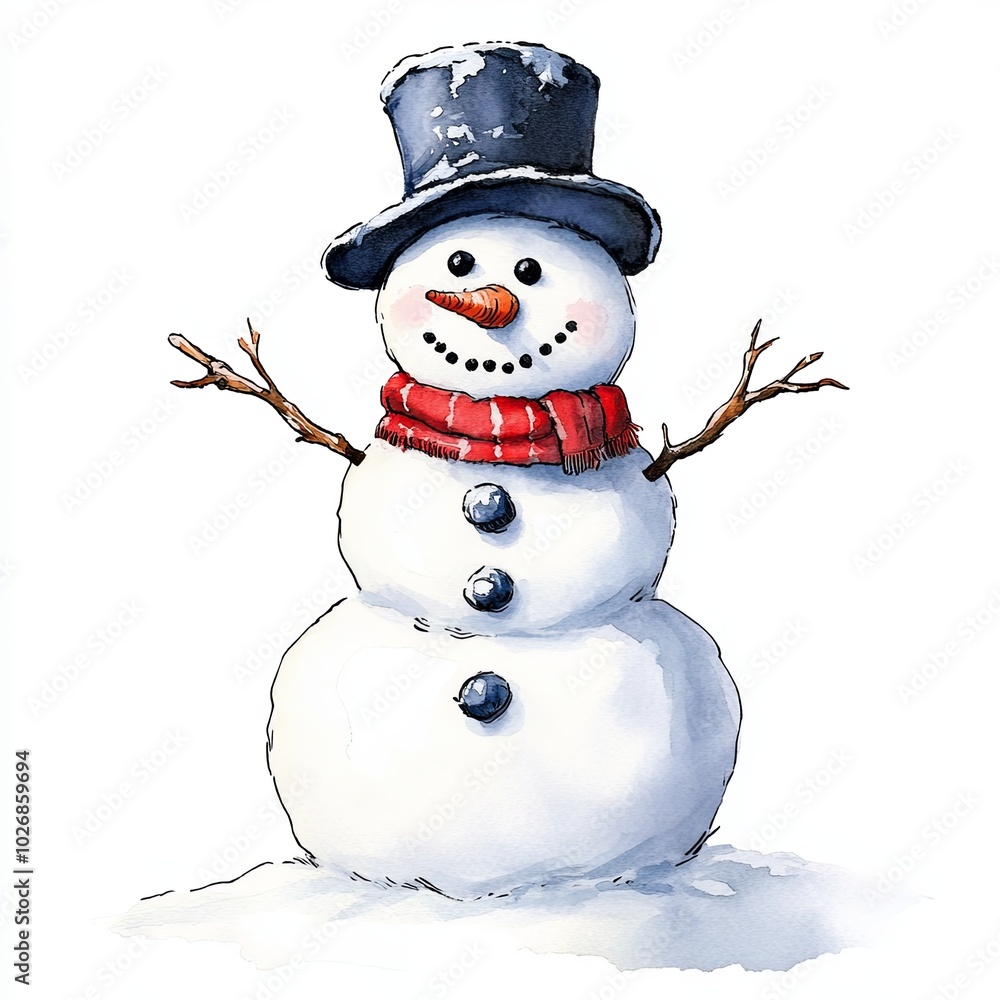 Obraz premium Cheerful snowman with a top hat and scarf in winter setting