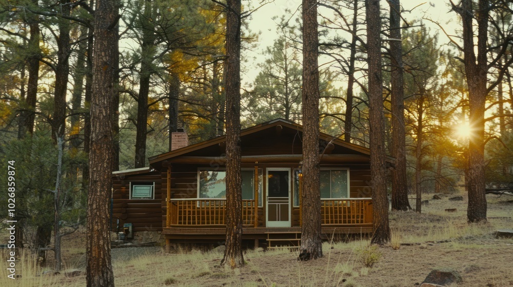A Rustic Log Cabin Nestled Amidst Tall Pines in a Sun-Dappled Forest A Rustic Log Cabin Nestled Amidst Tall Pines in a Sun-Dappled Forest