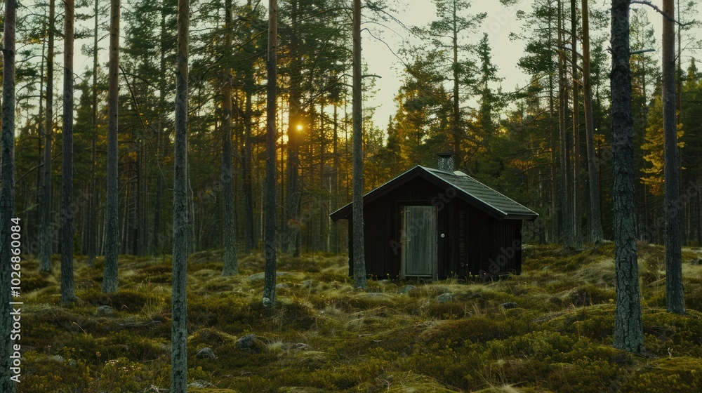 Small Wooden Cabin in a Dense Forest at Sunset Small Wooden Cabin in a Dense Forest at Sunset