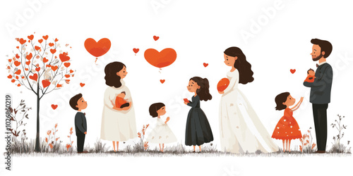 Illustration of two couples, one holding a baby, with hearts and floral details, symbolizing love, family, and togetherness.