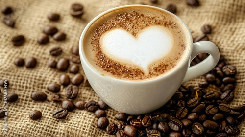 up of latte with heart-shaped foam art, surrounded by coffee beans on a burlap cloth, rustic wooden table setting