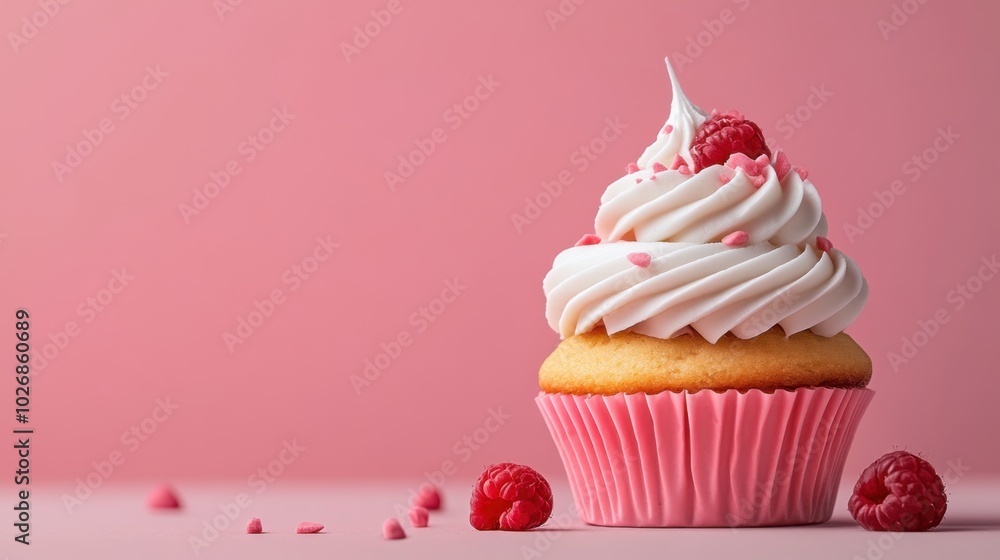 Sweet Pink Cupcake with Raspberry Toppings Sweet Pink Cupcake with Raspberry Toppings