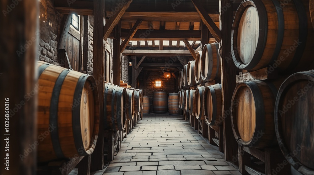A rustic cider house with wooden barrels stacked along the walls, filled with fermenting apple cider. The atmosphere is calm and nostalgic, capturing the artisanal process of cider-making