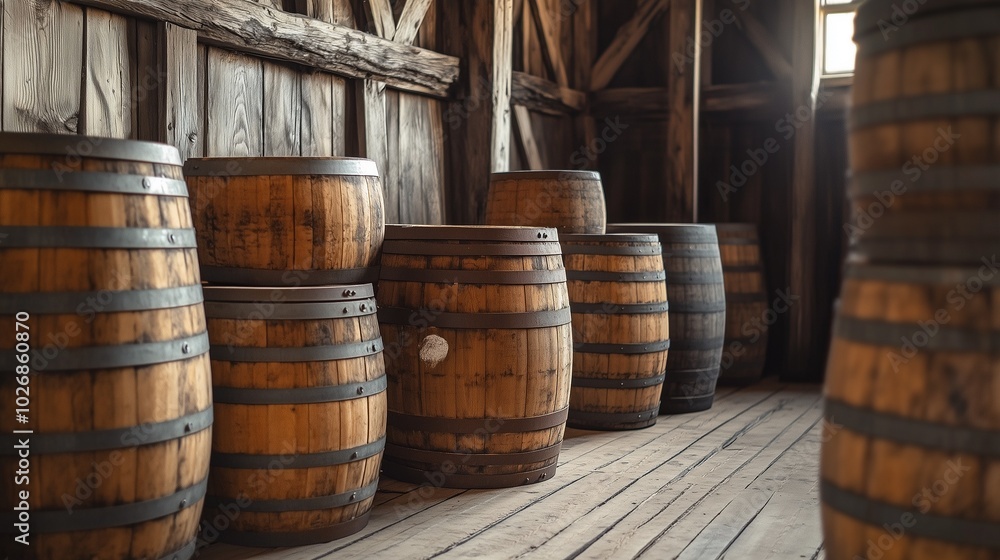 A rustic cider house with wooden barrels stacked along the walls, filled with fermenting apple cider. The atmosphere is calm and nostalgic, capturing the artisanal process of cider-making A rustic cider house with wooden barrels stacked along the walls, filled with fermenting apple cider. The atmosphere is calm and nostalgic, capturing the artisanal process of cider-making