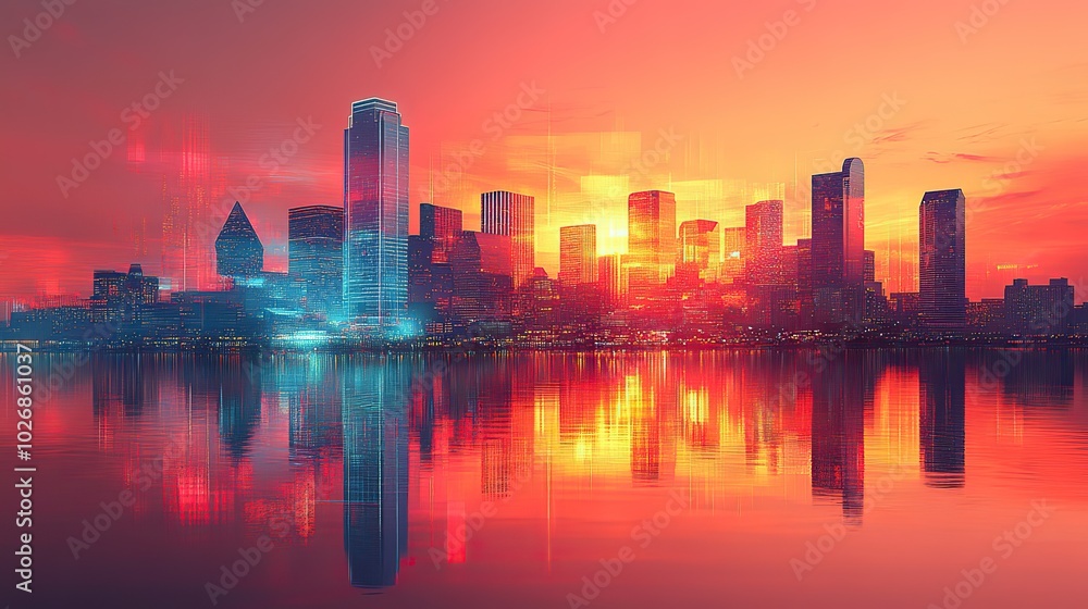 Fototapeta premium An abstract cityscape of Dallas, Texas, features futuristic skyscrapers, blending the architectural landscape with advanced digital aesthetics.