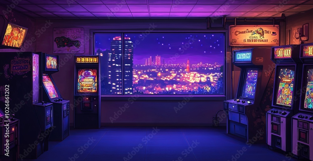 Retro arcade room with city skyline view at night. Retro arcade room with city skyline view at night.