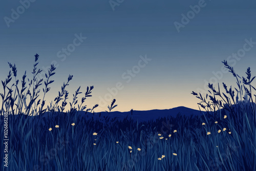 A field of tall grass with a blue sky in the background