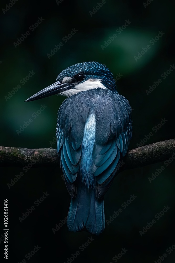 Obraz premium A vibrant blue kingfisher perched on a branch, with its head turned to the side, its bright blue feathers and white markings are illuminated against a dark green background.
