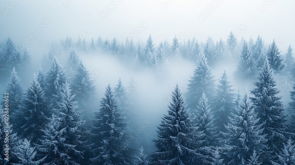 Frosty evergreen forest shrouded in dense mist, tranquil winter landscape with serene and contemplative atmosphere, capturing the stillness of a cold winter day. Suitable for winter-themed designs. Frosty evergreen forest shrouded in dense mist, tranquil winter landscape with serene and contemplative atmosphere, capturing the stillness of a cold winter day. Suitable for winter-themed designs.